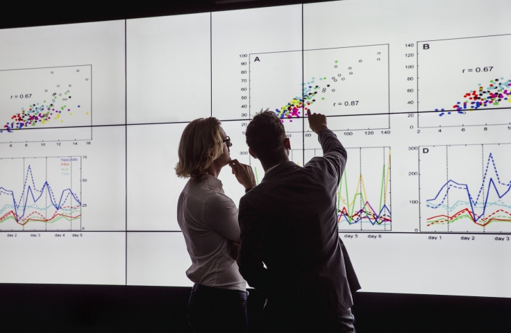 Two people looking at data graph